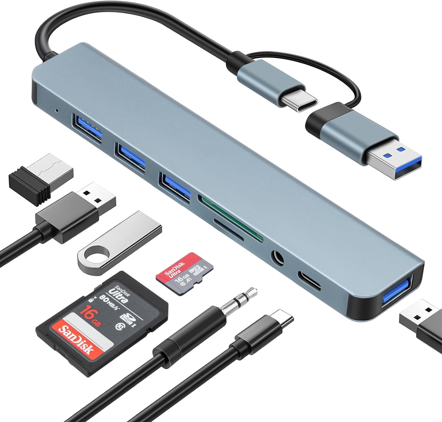 USB C Hub, 8-in-1 USB Splitter Multiport Adapter Type C Dock with (USB 3.0, USB 2.0, USB-C Data, 3.5Audio, SD/TF Card Reader) Multiple USB-Hub Compatible for MacBook,Laptop,Computer,iMac,iP