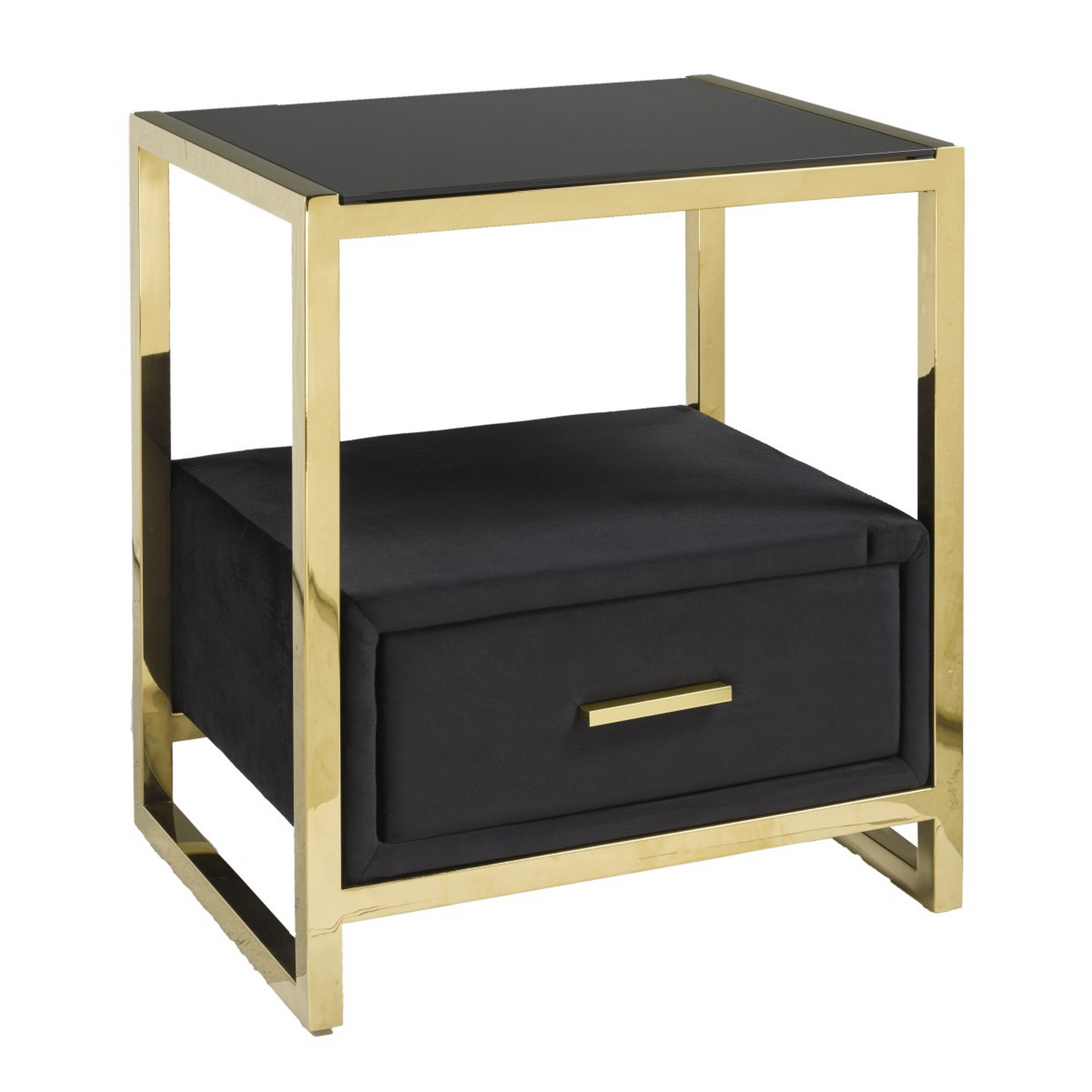 Brassex Adam Table de nuit moderne luxe pour chambre avec dessus en verre, tiroir rembourré et structure en métal doré, noir/or