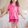 thumbnail image 3 of BLVB Girls Pajamas Satin Pajama Set Silk Pjs Short Sleeve Button down Shirts Summer Ruffle Sleepwear for Big Kids 5-15Y, 3 of 6