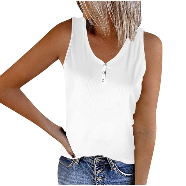Mrat Extra Long Tank Tops Women's Striped Round Neck Button Elastic Tank Tops Racer Back Tank Tops Womens S-306 White L