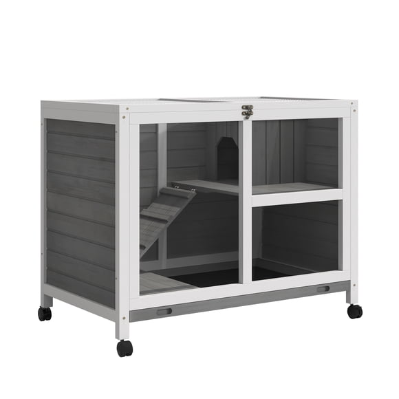 PawHut Indoor Rabbit Hutch with Wheels, Bunny Cage with Ramp, Grey