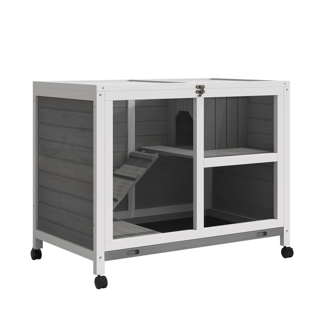 PawHut Indoor Rabbit Hutch with Wheels, Bunny Cage with Ramp, Grey. A two-floor wooden small animal habitat featuring a ramp, pull-out tray, and metal wire panels for ventilation. Ideal for rabbits, bunnies, or guinea pigs, with a sturdy grey finish and caster wheels for indoor use.