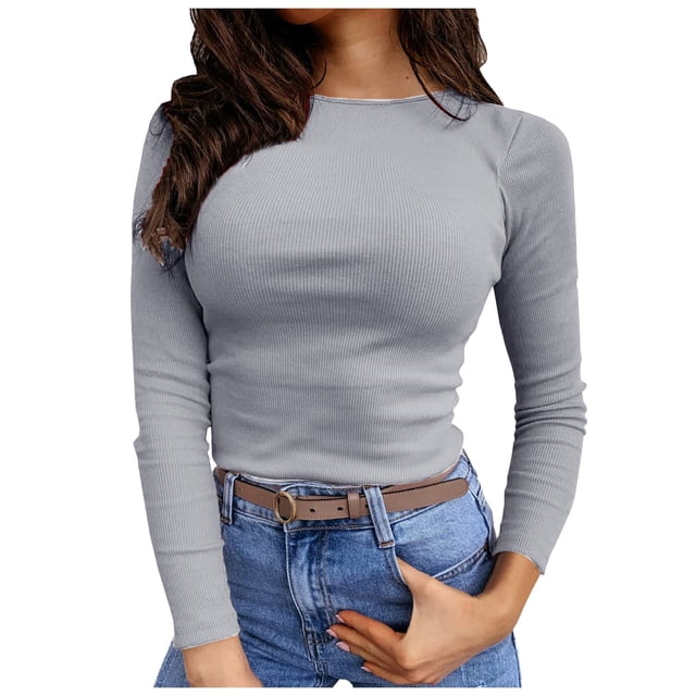 T-shirt Côtelé à Manches Longues Extensible à Col Ras du Cou pour Femmes Ajusté Décontracté Basique