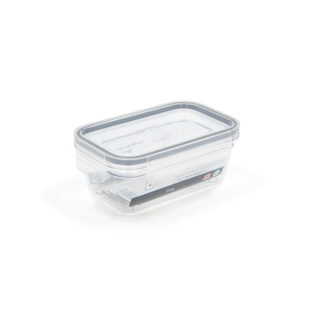 Mainstays 725ml rectangular Tritan food storage container with clear, unbreakable Eastman Tritan base and transparent lid featuring four locking tabs, shown in a 3/4 front view on white background, ideal for kitchen organization and meal prep; also suitable for storing small craft supplies.