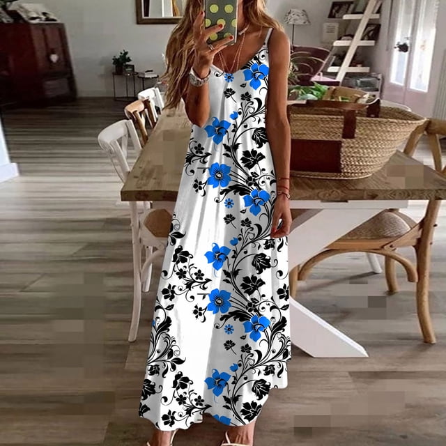 LSLJS Robes d'Été pour Femmes à Imprimé Sans Manches à Col Rond Robe Décontractée, Robe d'Été Robes de Plage d'Été