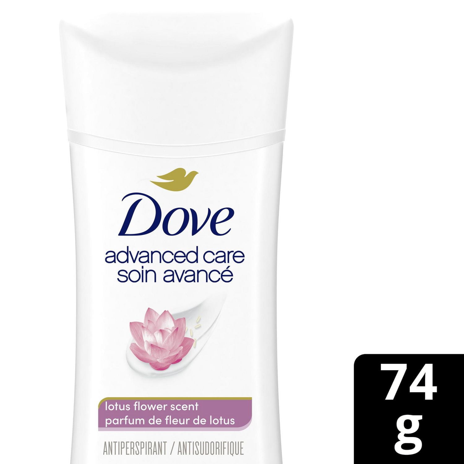 Dove Soin Avancé Désodorisant Antisudorifique en Bâton Parfum de Fleur de Lotus, 74 g