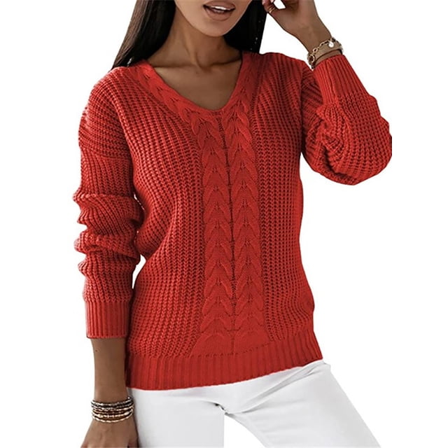 LUXUR Chandails Tricotés Épais pour Femmes Tricot Chic Chandail Rouge 2TG