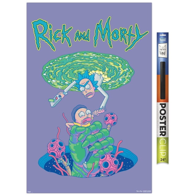 Rick And Morty - Affiche Murale d'Automne Portal, 22,375 Po x 34 Po Représentant Rick Émergeant d'Un Portail Vert Tourbillonnant au-Dessus et Morty Tenus par une Grande Main d'Extraterrestre Verte avec des Capsules Semblables à des Tentacules Roses sur un Fond Violet, Imprimée sur Papier Lustré, Convient à la Déco Maison et à l'Art Mural.