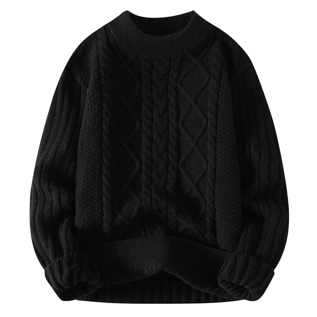 Styesk men's solid color pullover sweater in black, featuring a cable knit design with a crewneck and ribbed edges. This oversized sweater offers a casual and comfortable fit, ideal for pairing with jeans or t-shirts. Perfect for daily wear, outdoor activities, or holiday gatherings.