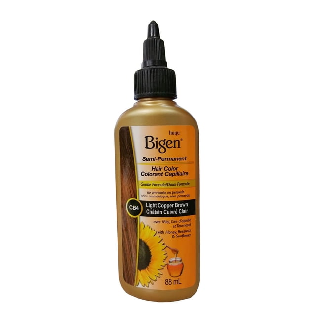 Bigen Semi-Permanent Hair Colour Light Copper Brown in an 88 mL gold bottle with black applicator tip, featuring a gentle, oil-rich formula with honey, beeswax, and sunflower that nourishes hair without ammonia or peroxide, suitable for all hair types and providing long-lasting colour and gray coverage.