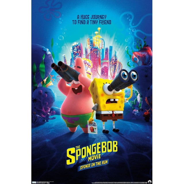 Affiche du Film SpongeBob Sponge on The Run Mettant en Vedette Bob L'éponge et Patrick Star sous l'Eau avec des Jumelles, avec un Paysage Urbain Lumineux en Arrière-Plan et le Slogan « un Énorme Voyage pour Trouver un Petit Ami ».
