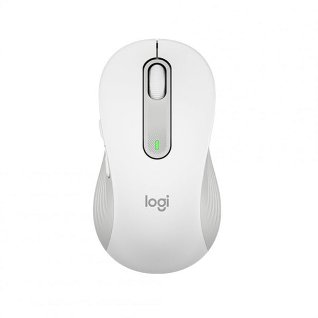 M650 Bluetooth Wireless Mouse Customizable Side Button Mute Mouse Controller in white, designed for small to medium hands with a rounded thumb area and rubberized side grips for comfort. Features SilentTouch technology for 90% reduced click noise, a SmartWheel for precise scrolling, and customizable side buttons for shortcuts. Compatible with Windows, macOS, Linux, iPadOS, and Android. Powered by a single AA battery with up to 24 months of battery life, ideal for office or home use.