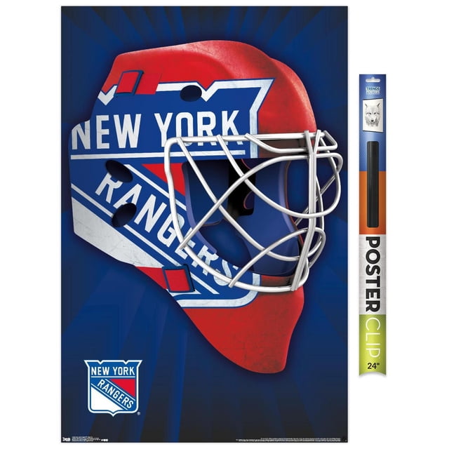 LNH New York Rangers - Affiche Murale Masque 16, 22,375 Po x 34 Po Montrant un Masque de Gardien de hockey Rouge et Bleu Orienté vers l'Avant avec des Barres de cage Blanches et le logo New York Rangers sur le Côté, Imprimée sur du Papier d'Affiche Lustré aux Couleurs Vibrantes, Idéale pour la Déco Murale de la Maison Ou du Bureau, Comprend des Pinces pour Accrocher Facilement.