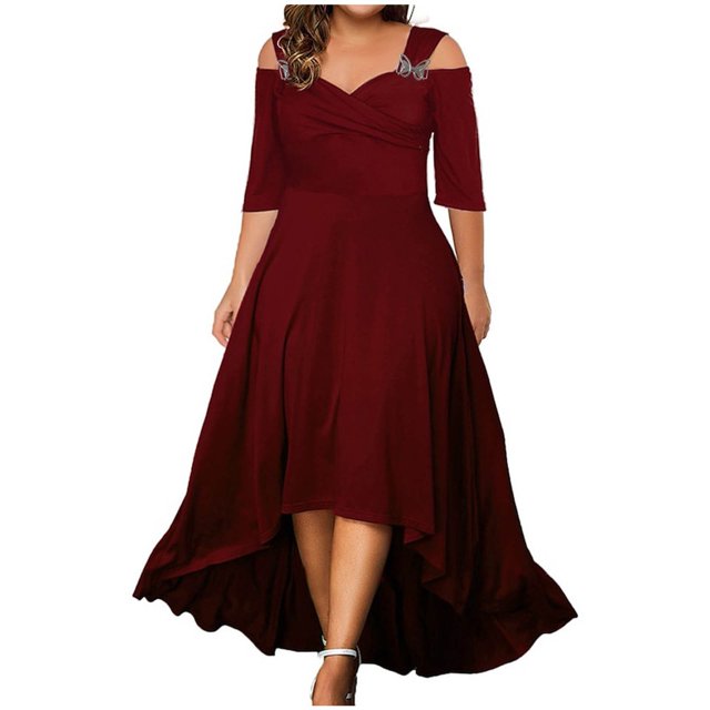 Robes pour Filles Femmes Ample Col en V Épaules Dénudées Uni Manches Mi-Longues Manche Ample Décontractée Longue Robe en Liquidation