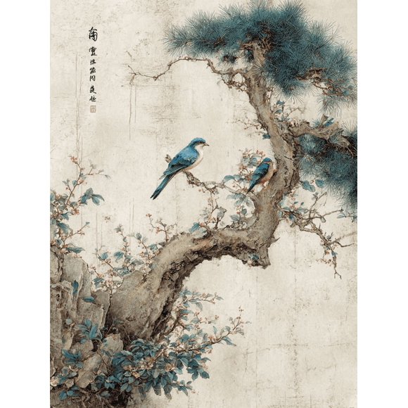Qisvanset Blue Birds Pine Tree Blossom Canvas Wall Art 23.62x15.75 INCHES