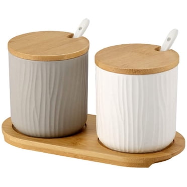 OnePine set of 2 ceramic spice jars sugar bowl ceramic sugar bowl with spoon and bamboo lid for tea sugar salt spices at home and kitchen