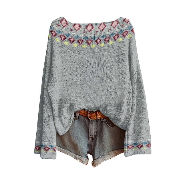 WTXUE Imprimé Artistique Vintage Fair Isle Chandail Tricoté Léger Boho Hauts pour Femmes Manches Longues Col Rond Chandail Hauts Chemises d'Automne Mode Bohème Western Chic Décontracté Blouses Gris 3TG