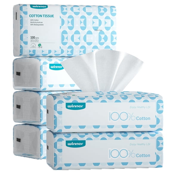 Winner Soft Face Towels - 100% USA Cotton Dry Wipes, 600 Count Unscented Cotton Tissues for Sensitive Skin, OEKO-TEX Certified Face Towelettes Disposable, Makeup Remover