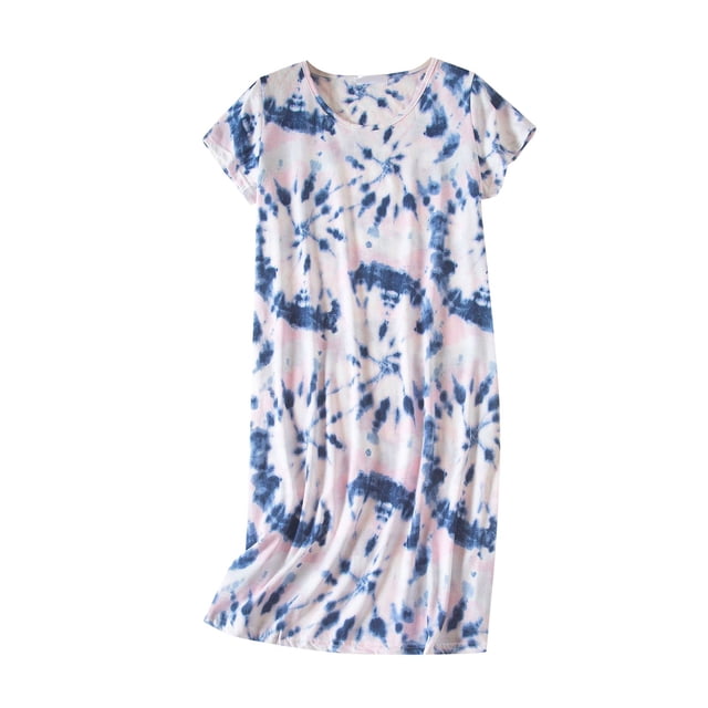 Kcodviy Chemise de Nuit en Coton pour Femme avec design à Manches Courtes et Coupe Décontractée. la Robe de Nuit Met en Valeur un Imprimé Teinture sur Nœuds dans des Tons Bleu et Rose, Fabriquée en Tissu Doux et Respirant pour le Confort. Idéale pour les Saisons de Printemps et d'Automne, Cette Chemise de Nuit Convient pour Se Détendre Ou Dormir.