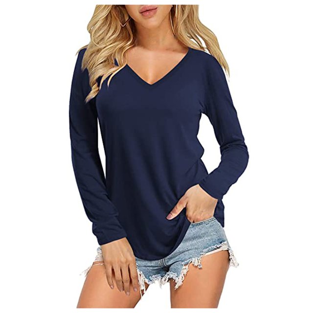 Blouse à Manches Longues pour Femmes Dame Mode Haut pour Femmes Couleur Unie Ample à Manches Longues Col en V Blouse Décontractée