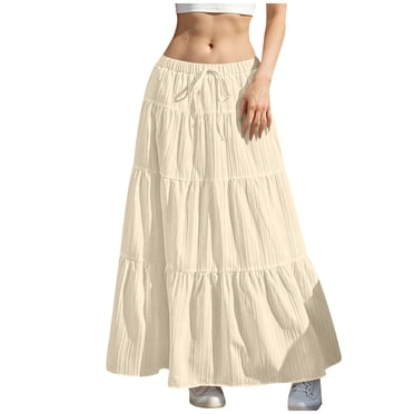 Ohufall Jupes Maxi pour Femmes Mode Taille Élastique à Cordon Uni Jupes Longues pour Femmes Décontractées d'Été Fluides Plissées Jupes Trapèze pour Femmes