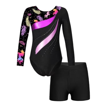 Linjinx Gymnastics Leotards for Girls Long Sleeve Shiny Sequins Dancing Ballet Leotard Bodysuit with Boyshorts Black 8