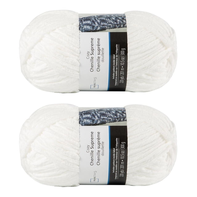 MAINSTAYS 2 Pack white polyester yarn with two skeins of Cozy Chenille Supreme chenille-style yarn, each 10.5 ounces and 220 yards, ideal for knitting chunky blankets, pillows, and scarves with a jumbo gauge for easy stitching.