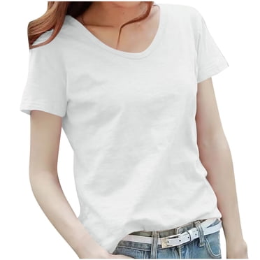 Linen Summer Tops for Women Short Sleeve V Neck Plus Size Base Tee Shirt Lightweight Casual Tshirts (L, White)