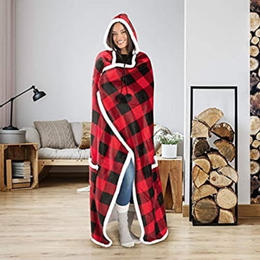 Safdie & Co. Premium Hoodzy Wearable Hooded Throw Blanket Buffalo Plaid Red and Black with Sherpa
