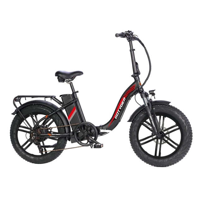 GoTyger 500W 20 in. 4.0 Fat Tire Foldable eBike with black frame and red accents, featuring 20-inch fat tires for enhanced traction, a rear battery pack, front suspension fork, foldable handlebars, and rear cargo rack, ideal for urban and off-road riding.