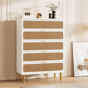 Rattan Dresser with 5 Drawers, Tall Modern Chest of Drawers with Deep Storage & Wide Top, Wooden Dresser for Bedroom Living Room Hallway
