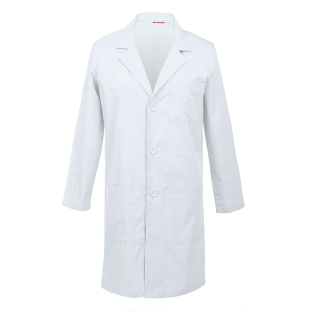 Men's lab coat by TAILOR'S, featuring a notched collar, vented back, and three pockets—two patch pockets and one chest pocket. Made from a blend of 65% polyester and 35% cotton, this white lab coat is designed for workwear. Front-facing view showcasing its button closure and long sleeves.