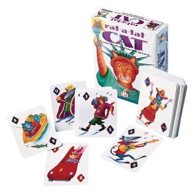Gamewright Rat-A-Tat CAT Numbers Card Game - English Only showing a box with a cat dressed as the Statue of Liberty and a spread of illustrated cat-themed playing cards in various costumes, designed for kids and family card game play with strategic low-score rules.