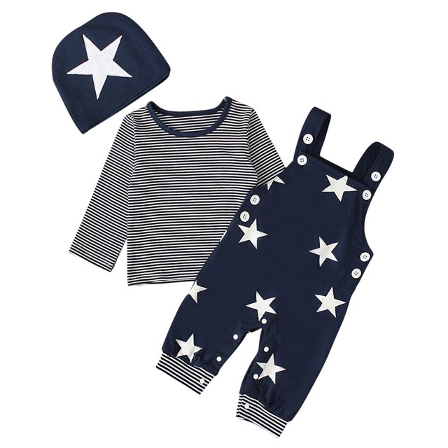 Toddler Boy Star Print Pattern Long Sleeve Overalls Clothes Hat Three-piece Sute