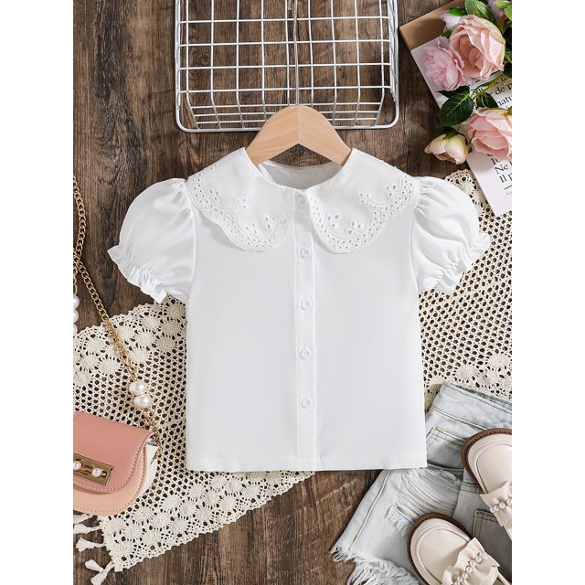 CHUANK T-Shirt Rétro Mignon à Manches Courtes pour Filles Été Col Poupée Manches Bouffantes Style Académique