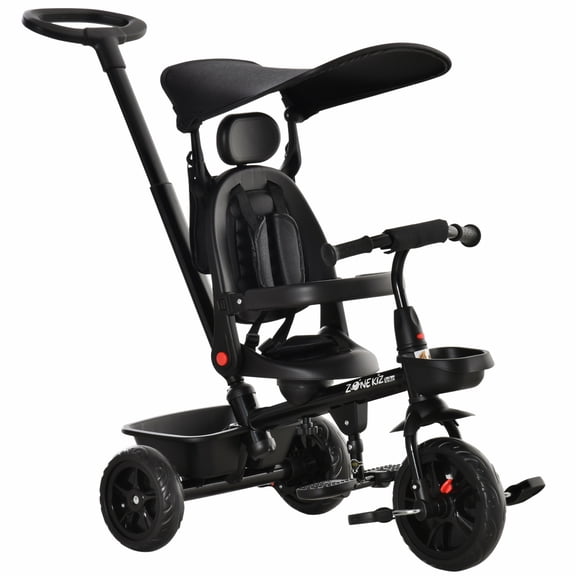 Qaba Tricycle pour Enfants 4 en 1 Tricycle avec Siège Réversible à Angle Ajustable Poignée Amovible Auvent Main Courante Ceinture Rangement Repose-Pieds Frein Embrayage pour 1-5 Ans Noir