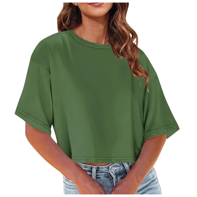 BVOFAR Women's Casual Half Sleeve T-Shirts Drop Shoulder Round Neck Crop Tops Summer Solid Color Tees 2025