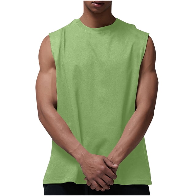Besolor Men's Athletic Tank Tops Crewneck Sleeveless Workout Shirts in a solid green color. This lightweight polyester tank top is breathable, stretchy, and features a loose fit for comfort. Ideal for gym workouts, casual daily wear, or layering during spring and summer seasons.
