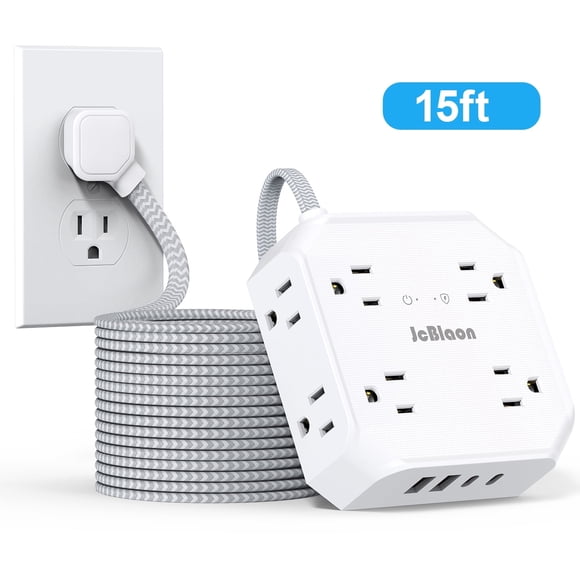 15Ft Long Extension Cord with Multiple Outlets, Flat Plug Surge Protector Power Strip, 8 Outlets & 4 USB Ports (2 USB C), Desk Charging Station for indoor Home Office, College Dorm Room Essentials