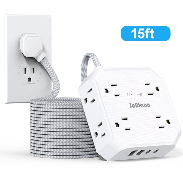 15Ft Cord d'extension longue avec plusieurs sorties, bande de puissance de protection de la prise plate, 8 Sorties & 4 USB Ports (2 USB C), Station de recharge pour bureau intérieur, College Dorm Room Essentials