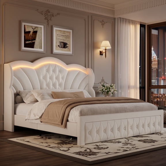Hiphuta Cadre de Lit Grand Moderne avec 2 Tiroirs, Cadre de Lit Plateforme à Lumières DEL, Cadre Robuste Beds avec Tête de Lit Capitonnée Rembourrée à Boutons, Velours Blanc