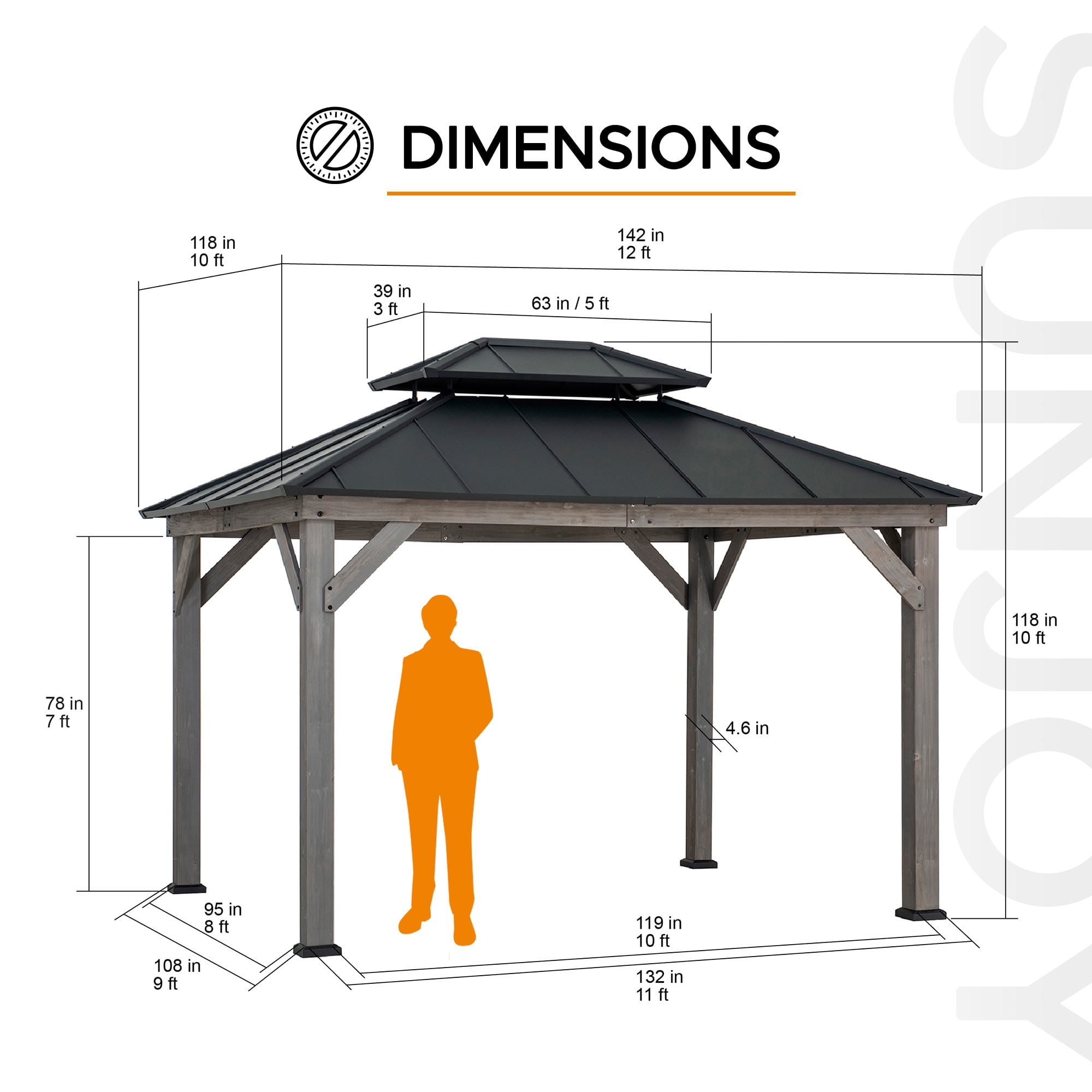 Sunjoy Gazebo Tonnelle 3 x 3.6 m d'extérieur à deux niveaux avec toit rigide Gazebo à structure en cèdre gris avec toit rigide en acier