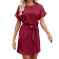 thumbnail image 2 of Offre à Durée Limitée Iumwxz Robe à Col Rond à Manches Courtes pour Femme Tunique à Ourlet Arrondi Robe Formelle avec Ceinture Robes Unies Longues Robes pour Femmes Robe Douce et Confortable pour Fête d'Anniversaire, 2 of 7