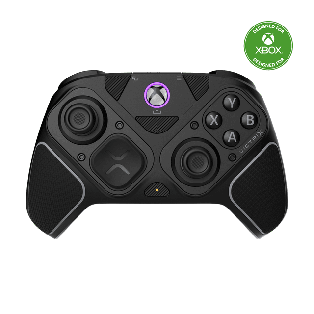 Turtle Beach Victrix Pro BFG Reloaded Wireless Modular Gaming Controller for Xbox Series X|S, Xbox One, & Windows PC in black, front view with dual Hall-Effect thumbsticks, modular D-pad, ABXY buttons, textured grips, illuminated Xbox button, and official designed for Xbox badge.