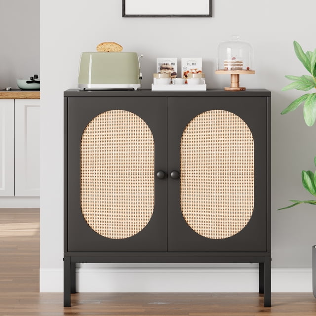 BeesClover Buffet en Rotin avec Portes et Étagères, Table Console pour Salle à Manger Salon Couloir Entrée, Buffet de Rangement Style Ferme Moderne Meuble d'Accent
