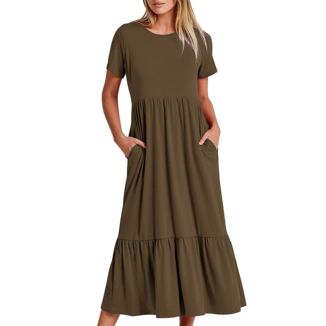 Jusqu'à 65 % de Rabais! Robes d'Été Mode pour Femmes 2024 Grande Taille Décontractées à Manches Courtes Col Ras du Cou Robe Décontractée Fluide à Étages Maxi de Plage avec Poches