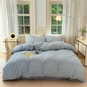 Nayoroom 3 Pieces Blue Gingham Duvet Cover 100% Washed Cotton Plaid Checkered Duvet Cover Set Modern Grid Bedding Set with Zipper Closure Corner Ties,Queen Size