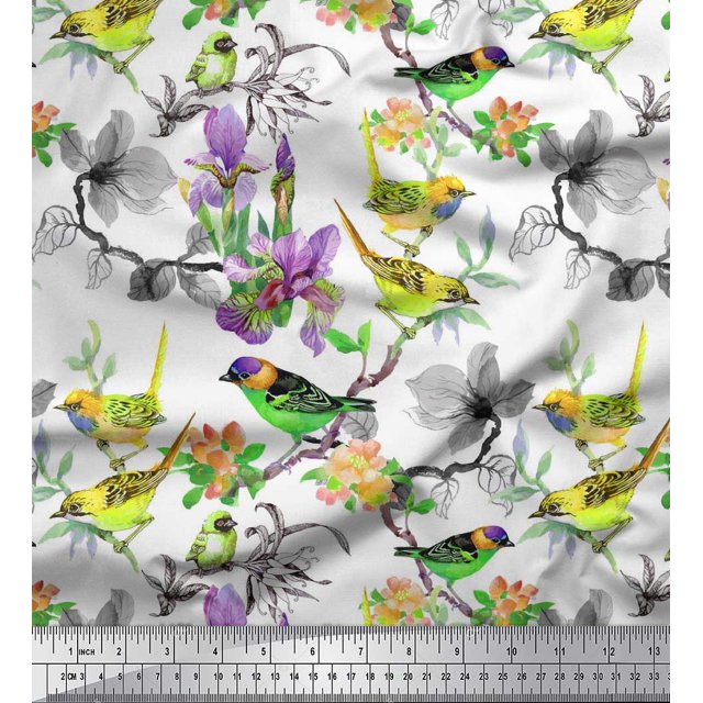 Soimoi Modal Satin Fabric Floral & Sparrow Bird Print Fabric by The Yard 42 Inch Wide