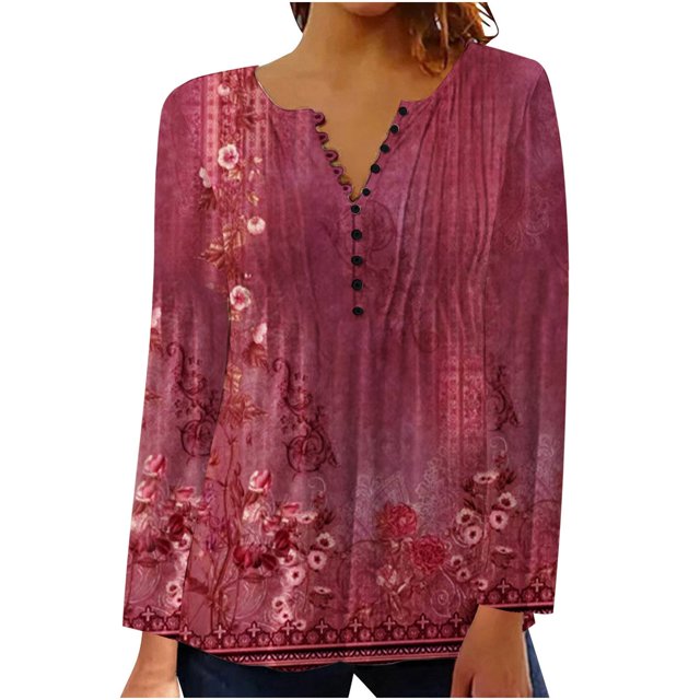 TIMIFIS Womens Tunics Casual Blouse Ruffle Button Up Long Sleeve Henley Tunic Shirts Fit Flare-Red-MFall