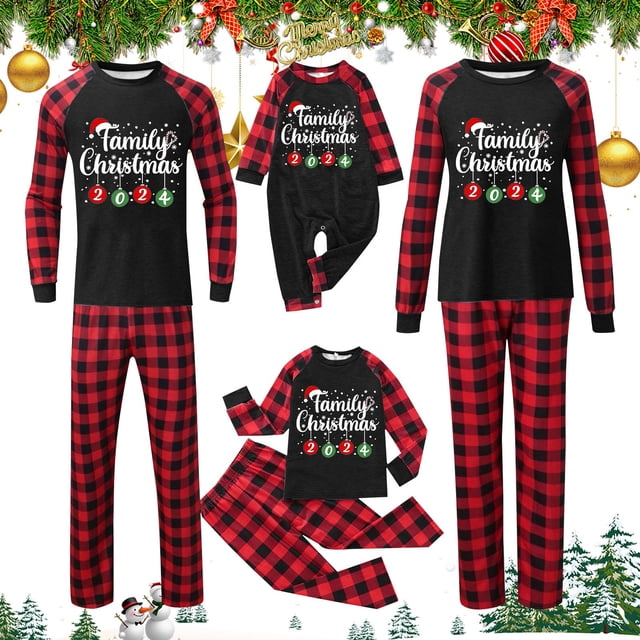 Pyjamas de Noël Assortis pour la Famille Noël en Famille 2024 Chandail à Manches Longues Imprimé de Noël Décontracté à Col Rond avec Capuchon pour Femmes Pyjamas de Noël pour Femmes Noir Maman Taille:L